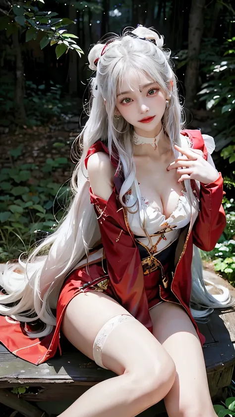 Has long white hair and red eyes、Please draw a super beautiful girl with a black hair accessory..。she stood in the woods、The wood々Sunlight shining through softly illuminates her figure.。she&#39;Wearing a hoodie、An elegant and mysterious atmosphere surround...