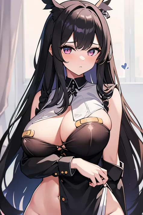 masterpiece, high quality,1girl,black long hair,White semi-transparent shirt, (bandaids_on_nipples, areola_slip, bandaid),huge breasts,upper body
