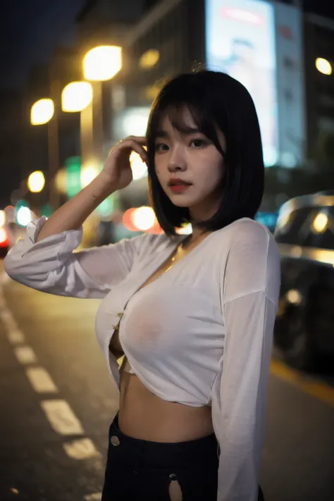 (Cinematic Aesthetic:1.4) Photo of a beautiful korean fashion model bokeh city night, giga_busty