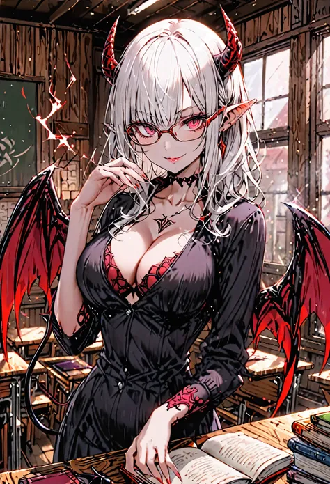 solo, female, sfw, medium shot, demon horns, succubus, large demon wings, demon tail, modest clothes, large breasts:1.1, pointed ears, magic on hand, book, glasses, seductive smile, white hair, red eyes, wooden classroom, old classroom, simple clothes, mod...