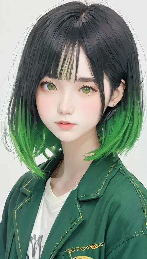RAW Photos、Realistic、masterpiece、White Background、18-year-old female、Black and green hair girl、Casual attire such as a black or green jacket、Black-haired、Waist-length hair、Character setting diagram、The tips of the hair are golden、