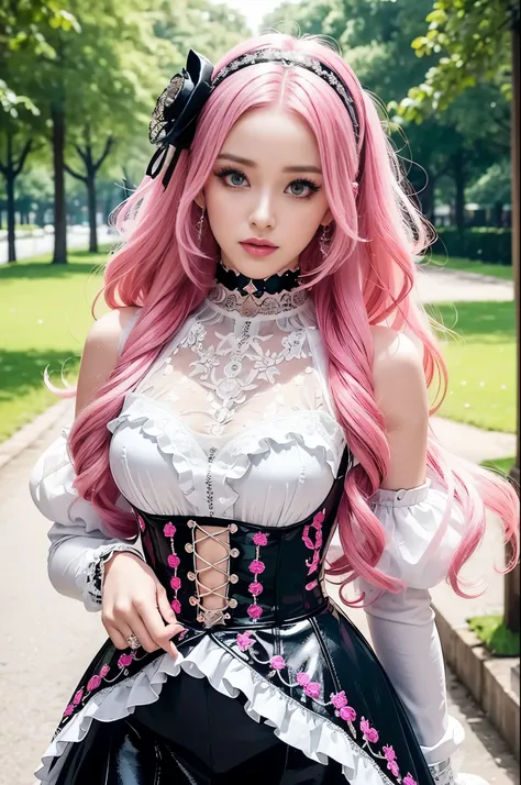 sexy stylish Swedish model, only 1 female, ((doll-like appearance)), long neon pink stylish hair, ((shiny Victorian-Style boots)), beautiful smile, ultra detailed eyes, vivid eye makeup, lipgloss, long lashes, defined eyebrows, ((sexy Paradise Kiss cosplay...