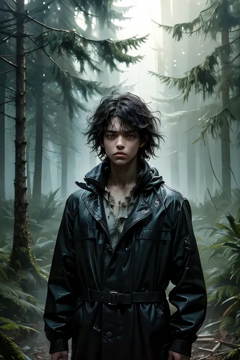 masterpiece, superfine illustration, best quality, 1boy, (8 years old), solo, cute, semi long black hair, (messy hair:1.3), rain...