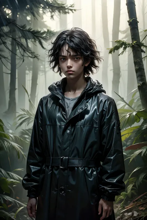 masterpiece, superfine illustration, best quality, 1boy, (8 years old), solo, cute, semi long black hair, (messy hair:1.3), rain...