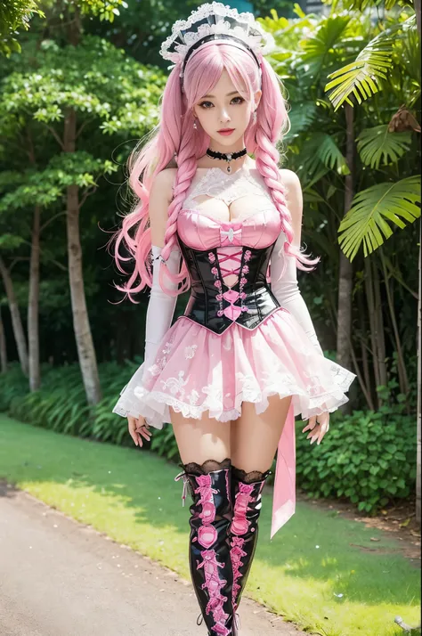 sexy stylish Swedish model, only 1 female, ((doll-like appearance)), long neon pink stylish hair, ((shiny Victorian-Style boots)), beautiful smile, ultra detailed eyes, vivid eye makeup, lipgloss, long lashes, defined eyebrows, ((sexy Paradise Kiss cosplay...