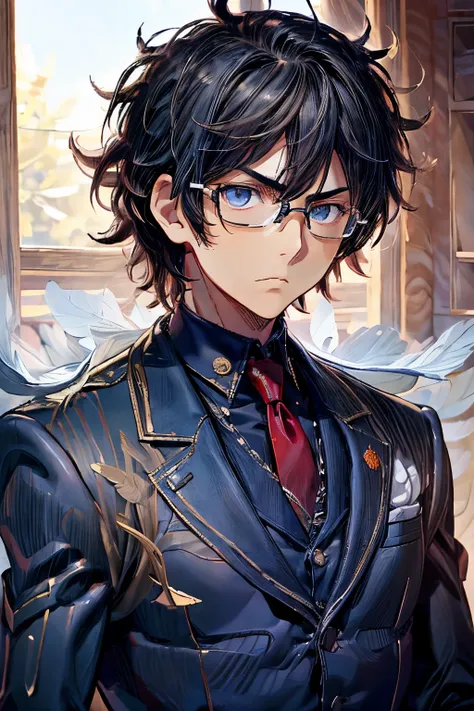 masterpiece, superfine illustration, best quality, 1boy, , solo, cute, black hair, (messy hair:1.3), glasses, navy blue blazer, ...