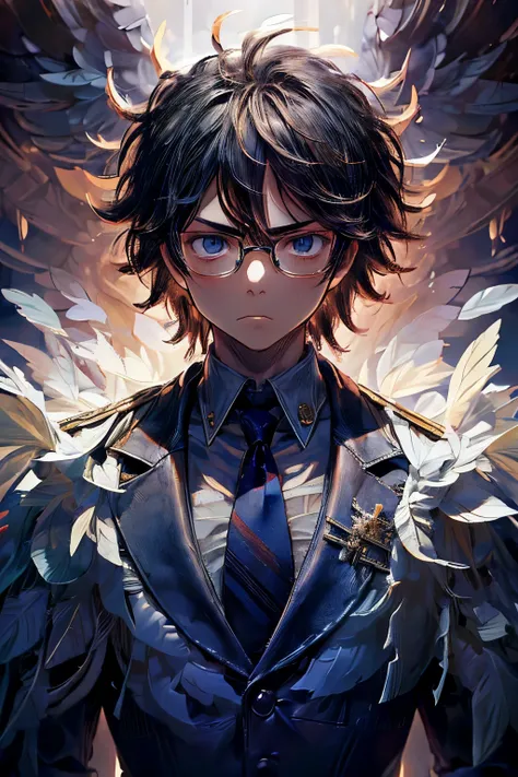 masterpiece, superfine illustration, best quality, 1boy, , solo, cute, black hair, (messy hair:1.3), glasses, navy blue blazer, ...