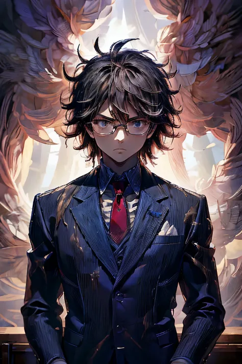 masterpiece, superfine illustration, best quality, 1boy, , solo, cute, black hair, (messy hair:1.3), glasses, navy blue blazer, ...