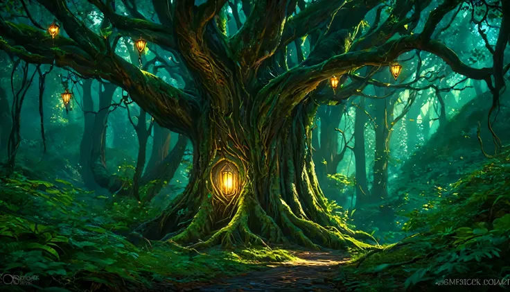 (anime, fantasy), (best quality, high resolution, depth of filed, HDR:1.2), (A majestic ancient elven forest, dense ancient tree, dense lush foliage, unique vegetation), fantastical landscapes, vibrant colors, majestic, enchanted, elven runes, (dark gloomy...