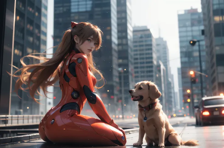 girl, machine dog, tank, cyber punk, double exposure, city settings, headset, overlooking, asuka langley soryu