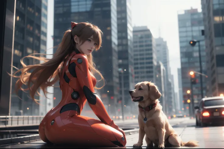 girl, machine dog, tank, cyber punk, double exposure, city settings, headset, overlooking, asuka langley soryu