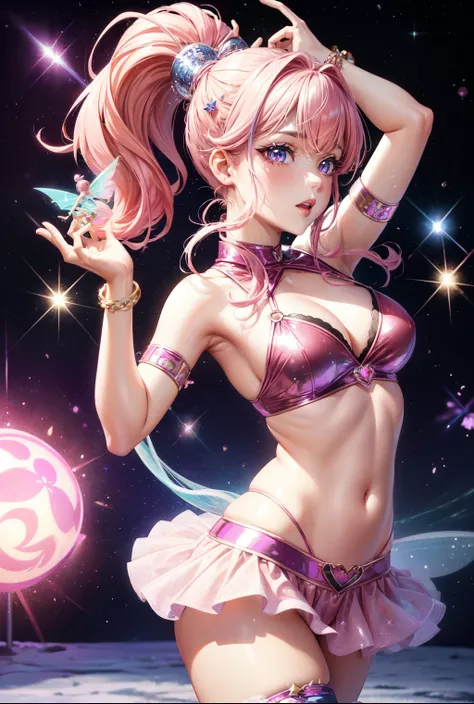 Girl,sexy, spicy , idol,🦄, glitter , party, imagination, fairy , ponytail, sexy pose, ☄️☄️🎆🌌🪻❄️☃️,pink hair , theatre , black pink vibe