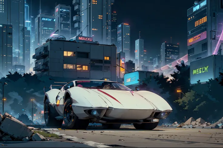 Mach 5 ((Cyberpunk future)), image of the center of a cyberpunk city, surrounded by buildings with a river in the middle, ferry in the city, yellow ferry, point crossing the city, advertising signs everywhere, Speedracer Mach 5