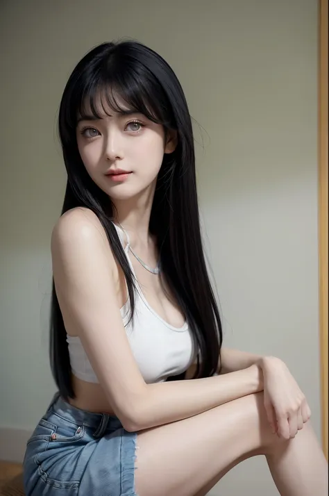 create a picture of a masterpiece, realistic feel, with super perfect character, detailed quality with very clear object characteristics, long straight hair, jet black hair, with short bangs, symmetrical face, smooth white skin, very perfect detailed body,...