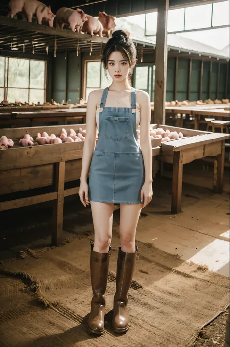 group photo of a girl and a huge pig,standing in the middle of a pig farm,short ponytail,bare shoulders,flat chests,torn apron,slender legs,boots,realistic scenery,photography carnival,wildlife photography,aurora punk,animal and human styles,full body,indo...