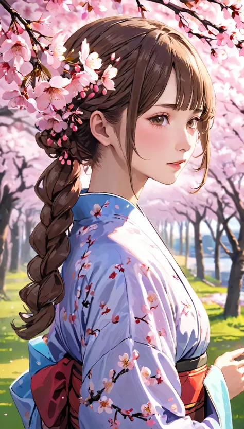 (((RAW Photos:1.3、Realistic:1.3)))、One Girl、１６talent、anatomy、small face、small、small鼻、Pale pink eyes、Loosely braided low ponytail、Brown Hair、small breasts、Beautiful kimono、Yamato Nadeshiko、Random Pause、Yoshino cherry tree、Beautiful cherry blossoms、highest q...