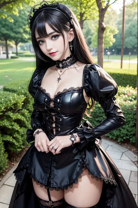 sexy stylish female model, only 1 female, ((doll-like appearance)), ((ultra detailed Platform boots)), (big smile), ultra detailed eyes, vivid eye makeup, lipgloss, long lashes, defined eyebrows, ((sexy Gothic Lolita cosplay)), bell-shaped skirt, petticoat...