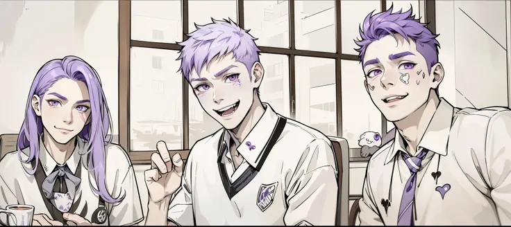 (estilo anime 2d plano)cute 16 year old boy smile mischievous ironic bad hateful purple eyes purple hair evil