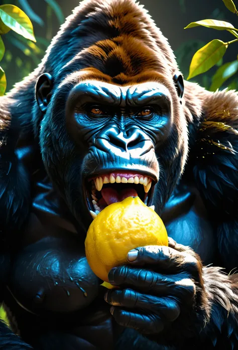 a giant gorilla, eating a lemon, hyperrealistic, highly detailed, 4k, octane render, photorealistic, dramatic lighting, cinematic composition, moody color palette, chiaroscuro lighting, powerful muscles, intense expression, saliva dripping from mouth, shar...