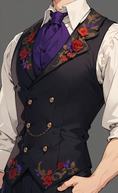 handsome man, ginger hair, anime style, courageous, masterpiece, european, victorian era, white shirt, classical, beautiful waistcoat, black pants, slim, beautiful illustration, visual novel, highly detailed, masterpiece, print red and violet and twirls fl...