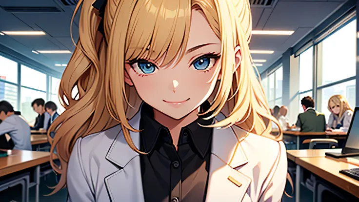 ((highest quality)), ((masterpiece)), (detailed), Perfect Face、office、desk work、blonde、Smooth Hair、Ponytail Business Suit、Black jacket、White shirt、smile、Upper Body、