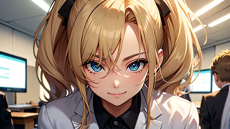 ((highest quality)), ((masterpiece)), (detailed), Perfect Face、office、desk work、blonde、Smooth Hair、Ponytail Business Suit、Black jacket、White shirt、smile、Upper Body、