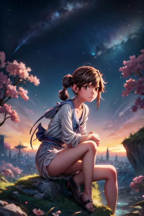 anime girl sitting on a rock looking at the sky,a sky piercing tower far far away, makoto shinkai cyril rolando, anime art wallp...