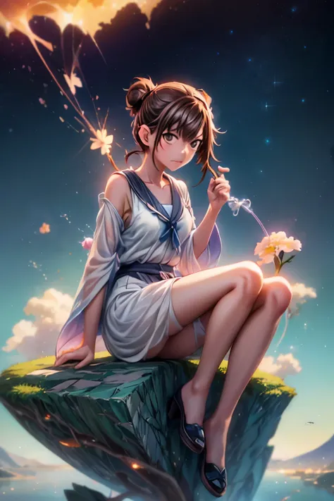 anime girl sitting on a rock looking at the sky,a sky piercing tower far far away, makoto shinkai cyril rolando, anime art wallp...