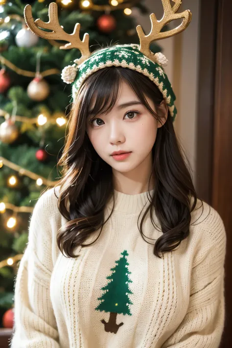 Beautiful woman in front of a large Christmas tree. Warm lighting, green reindeer pattern knit,