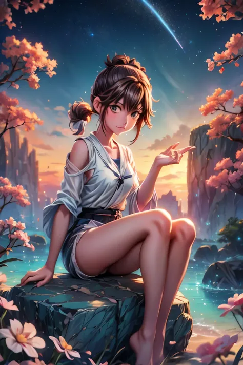 anime girl sitting on a rock looking at the sky,a sky piercing tower far far away, makoto shinkai cyril rolando, anime art wallpaper 4 k, anime art wallpaper 4k, cyril rolando and goro fujita, anime art wallpaper 8 k, 4k anime wallpaper, anime wallpaper 4 ...