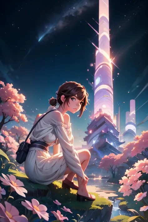 anime girl sitting on a rock looking at the sky,a sky piercing tower far far away, makoto shinkai cyril rolando, anime art wallp...