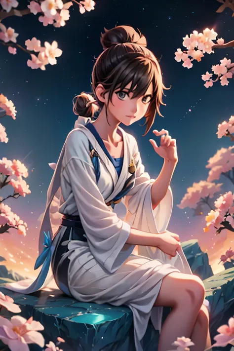 anime girl sitting on a rock looking at the sky,a sky piercing tower far far away, makoto shinkai cyril rolando, anime art wallp...