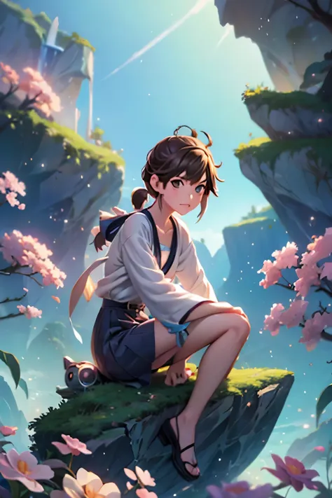 anime girl sitting on a rock looking at the sky,a sky piercing tower far far away, makoto shinkai cyril rolando, anime art wallp...