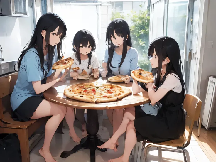 Big family having pizza party、Long black hair、Light blue shirt dress、barefoot、Coffee with lots of ice