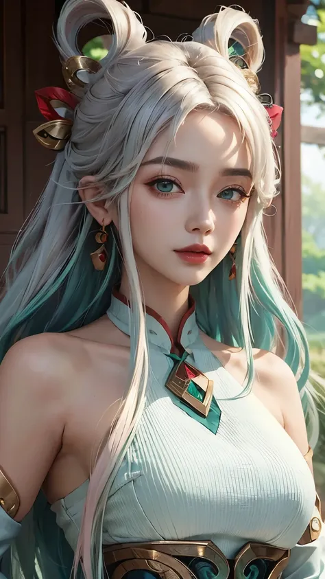 (masterpiece, best quality:1.2), intricate details, mythmaker irelia, 1girl, hair ornament, hair rings, bare shoulders, dress, detached sleeves, forehead mark, multicolored hair, white hair, earrings, green eyes, textured skin, looking at viewer, solo, lig...