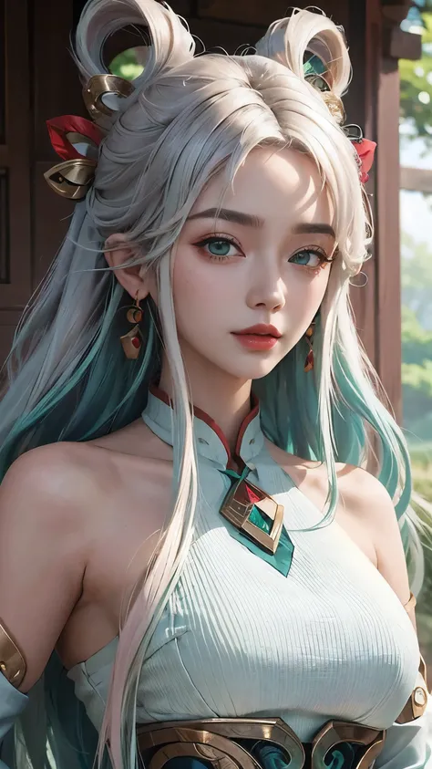 (masterpiece, best quality:1.2), intricate details, mythmaker irelia, 1girl, hair ornament, hair rings, bare shoulders, dress, detached sleeves, forehead mark, multicolored hair, white hair, earrings, green eyes, textured skin, looking at viewer, solo, lig...