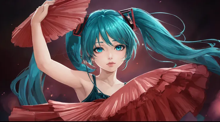 Hatsune Miku,anime style, flamenco dancer girl, 4k, beautiful detailed eyes, beautiful detailed lips, anime