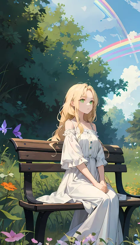 a girl with very long blonde hair wearing white dress with green eyes sitting serenely on a bench surrounded by butterflies and ...