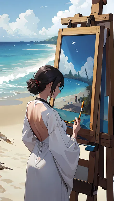 back shot girl in loose gown painting the beach (beach behind easel)