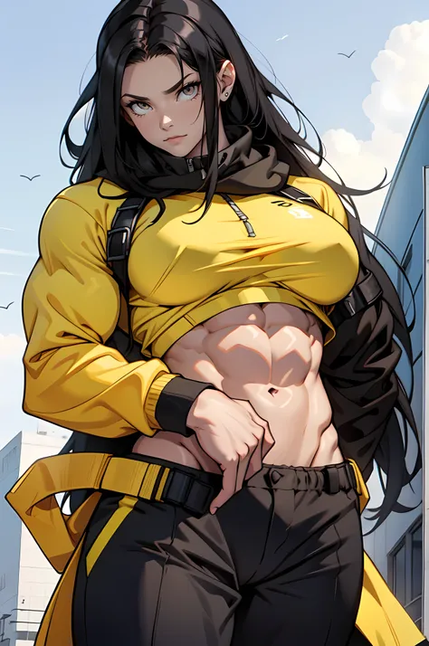 1girl black hair yellow eyes very long hair pale skin angry bodybuilder gigantic breasts muscular toned body long abs