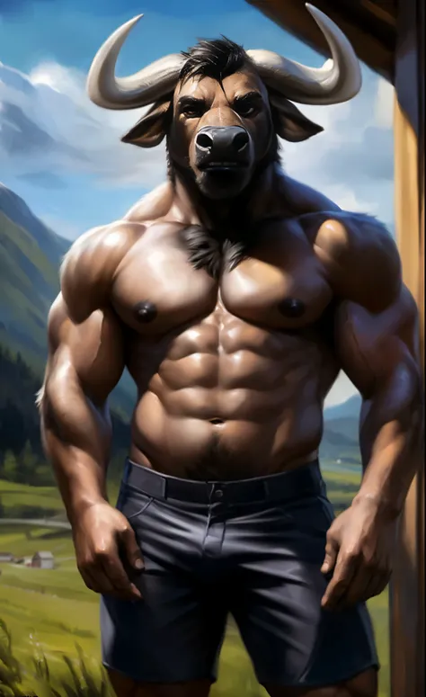 (Cape_Buffalo species), brown body, topless, black short pants, looking at viewer, happy face, detailed farm background, brown eyes, detailed nipples, fitness muscular body, nipple focus, big bodybuilder body, muscular male, detailed fur, bright fur, brigh...