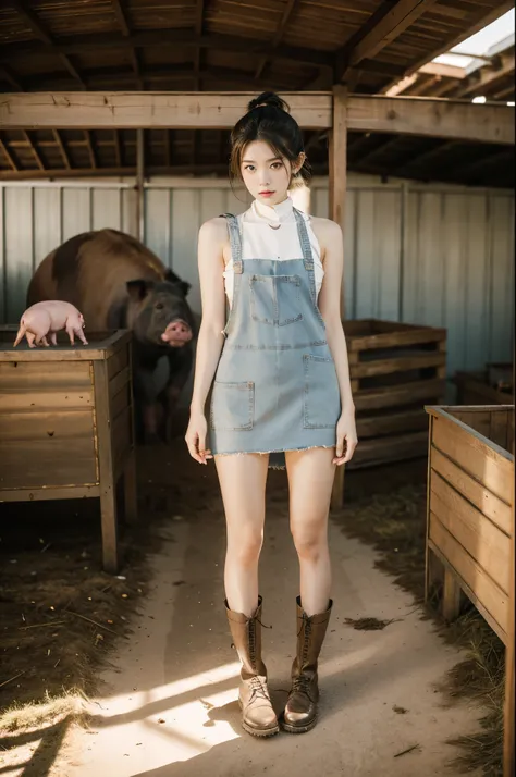 group photo of a girl and a huge pig,standing in the middle of a pig farm,short ponytail,bare shoulders,flat chests,torn apron,slender legs,boots,realistic scenery,photography carnival,wildlife photography,aurora punk,animal and human styles,full body,indo...