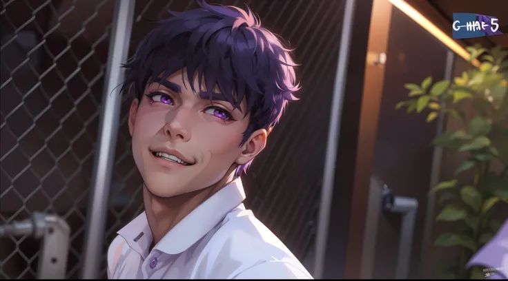 (estilo anime 2d plano)cute 16 year old boy speaks evil with hate with a mischievous smile malevolent irony purple hair purple eyes aura of evil he is dangerous murderer