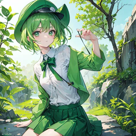 1 girl,turtle,green short hair,green hair,green skirt,green shirt,ultrasharp,masterpiece,8K,hat