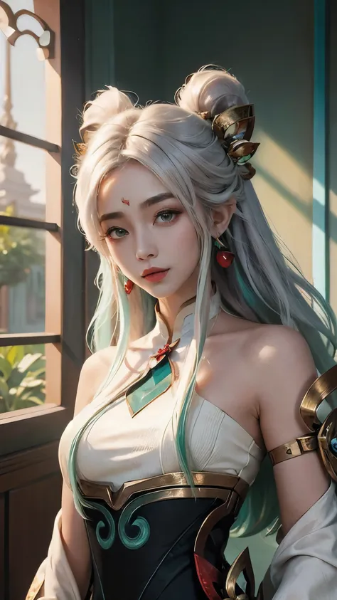 (masterpiece, best quality:1.2), intricate details, mythmaker irelia, 1girl, hair ornament, hair rings, bare shoulders, dress, detached sleeves, forehead mark, multicolored hair, white hair, earrings, green eyes, textured skin, looking at viewer, solo, lig...