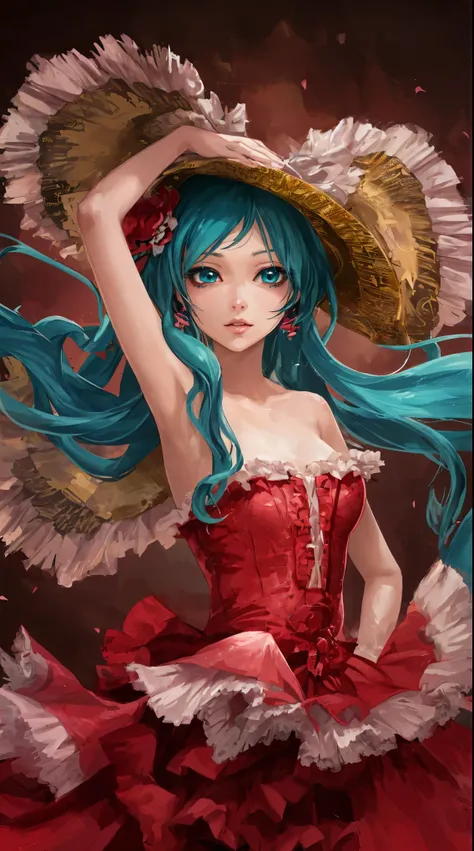 Hatsune Miku,anime style, flamenco dancer girl, 4k, beautiful detailed eyes, beautiful detailed lips, anime