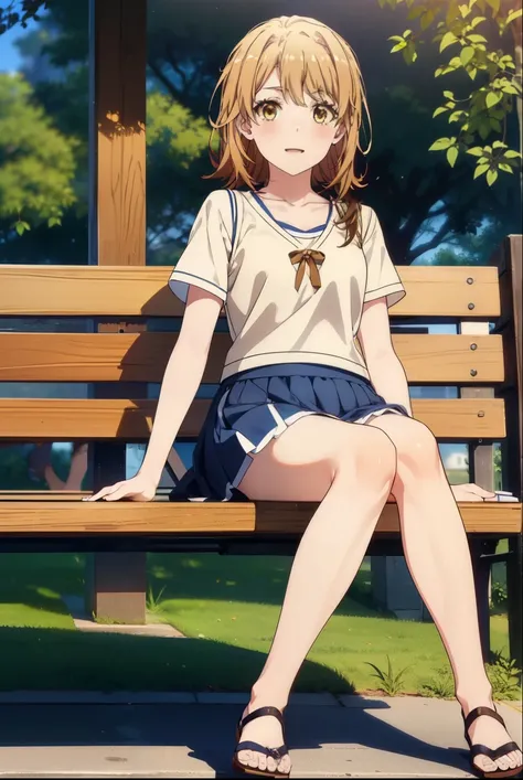 irohaisshiki, iroha isshiki, Long Hair, Brown Hair, (Brown eyes:1.5), hair band,happy smile, smile, Open your mouth,Cordo shoulder top,Short sleeve,Long skirt,Cute heeled sandals,morning,morning陽,The sun is rising,sitting on a park bench,whole bodyがイラストに入る...