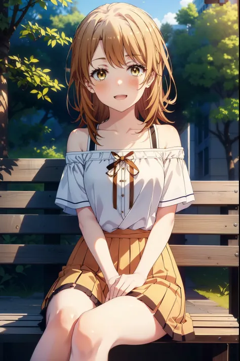 irohaisshiki, iroha isshiki, Long Hair, Brown Hair, (Brown eyes:1.5), hair band,happy smile, smile, Open your mouth,Cordo off-shoulder top,Short sleeve,Long skirt,Cute heeled sandals,morning,morning陽,The sun is rising,sitting on a park bench,whole bodyがイラス...