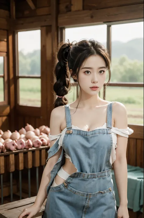 group photo of a girl and a huge pig,standing in the middle of a pig farm,short ponytail,bare shoulders,flat chests,torn apron,cleavage,realistic scenery,photography carnival,wildlife photography,aurora punk,animal and human styles,close-up of face,indoor,