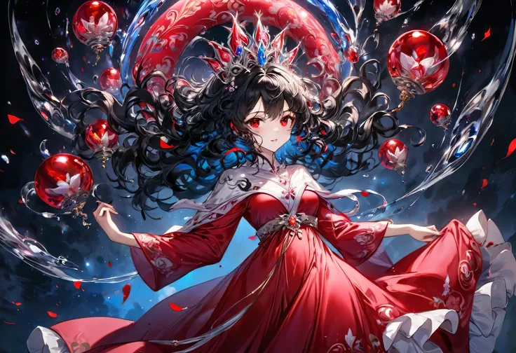 Shadows of hatred, (solo curly:1.3 black hair long hair evil princess girl, tears:1.2 red eyes, painful:1.3), (left hand put on own chest) (in a evil Goddess robe), BREAK, (float in the darkness), (master piece, best quality, 16k).